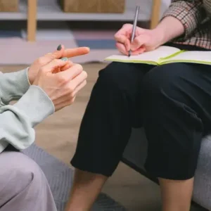 Close up of two people having a consultation meeting.